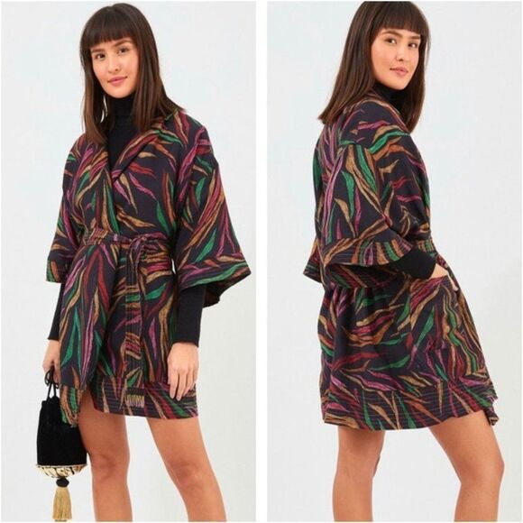 NWT FARM RIO Black Shiny Multicolor Leaf Print Mini Wrap Dress Size XS - Picture 1 of 9